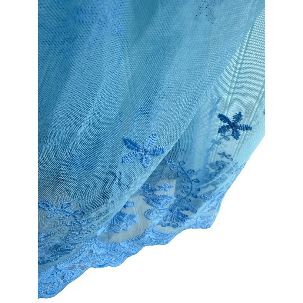 Blue Embroidered Mesh Sheer V-Neck Empire Waist Dress XXL‎ Boho Mermaid Fairy